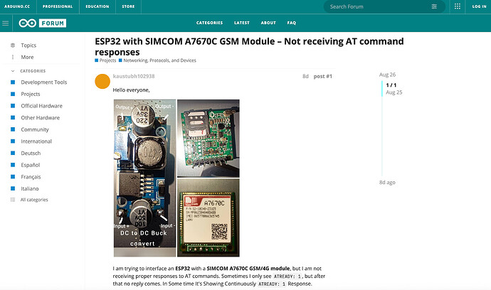 Screenshot of the Arduino forum