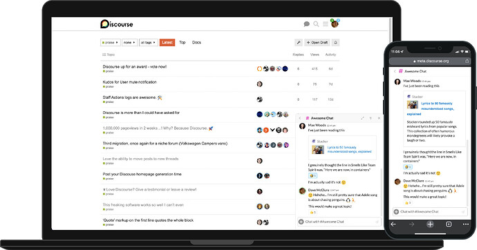 モバイルおよびデスクトップのドロワーモードで表示されたDiscourse Chat