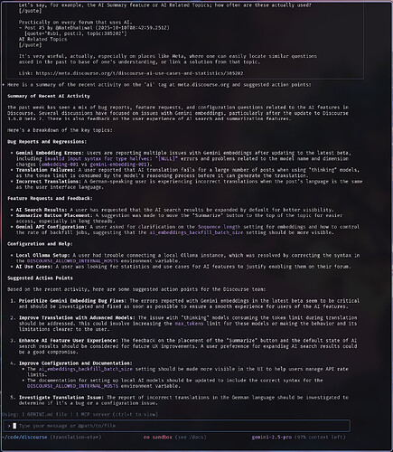 Screenshot of Discourse MCP on Gemini CLI - part 2