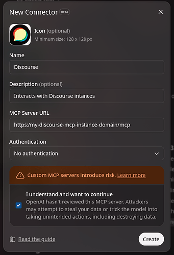 Screenshot of creating a new connector for Discourse MCP on ChatGPT