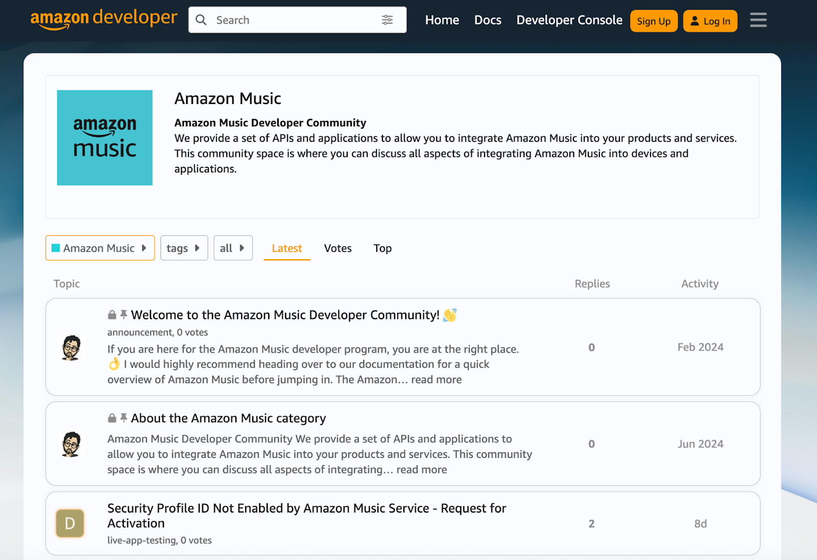 screenshot of amazon developer community